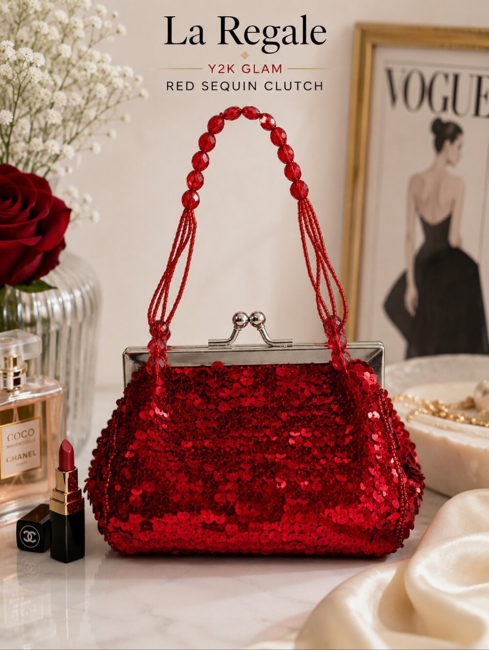 La Regale Red Sequin Beaded Clutch Y2K Party Evening Bag Glam Purse Cocktail